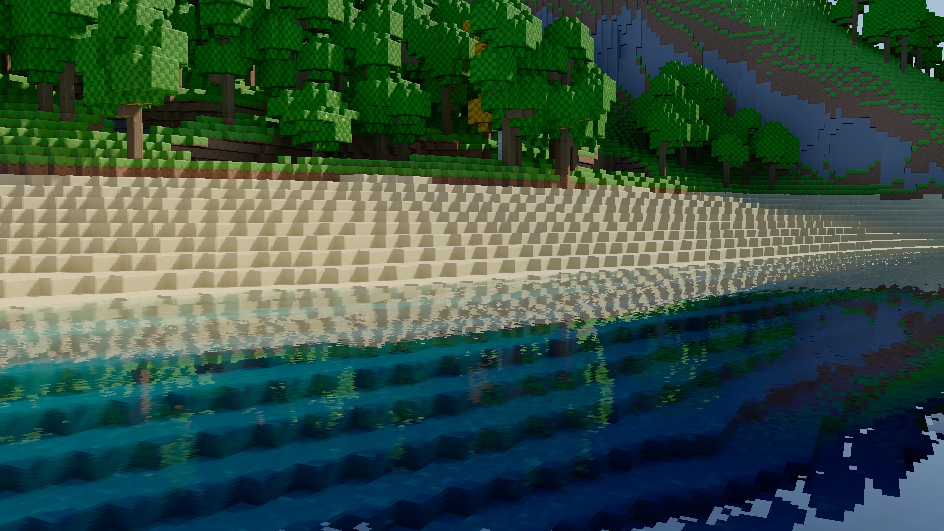 Water reflecting a shore and cliff face